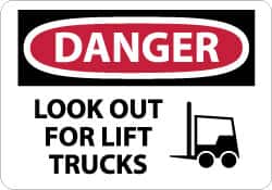 NMC - "Danger - Look Out for Lift Trucks", 10" Long x 14" Wide, Pressure-Sensitive Vinyl Safety Sign - Rectangle, 0.004" Thick, Use for Accident Prevention - Americas Industrial Supply