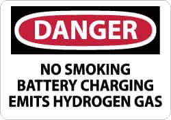 NMC - "Danger - No Smoking - Battery Charging Emits Hydrogen Gas", 10" Long x 14" Wide, Pressure-Sensitive Vinyl Safety Sign - Rectangle, 0.004" Thick, Use for Accident Prevention - Americas Industrial Supply