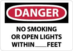 NMC - "Danger - No Smoking or Open Lights Within____feet", 10" Long x 14" Wide, Rigid Plastic Safety Sign - Rectangle, 0.05" Thick, Use for Accident Prevention - Americas Industrial Supply