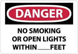NMC - "Danger - No Smoking or Open Lights Within____feet", 10" Long x 14" Wide, Pressure-Sensitive Vinyl Safety Sign - Rectangle, 0.004" Thick, Use for Accident Prevention - Americas Industrial Supply