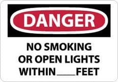 NMC - "Danger - No Smoking or Open Lights Within____feet", 10" Long x 14" Wide, Pressure-Sensitive Vinyl Safety Sign - Rectangle, 0.004" Thick, Use for Accident Prevention - Americas Industrial Supply