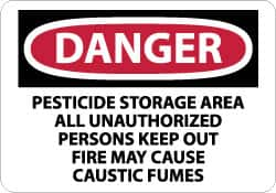 NMC - "Danger - Pesticide Storage Area - All Unauthorized Persons Keep Out - Fire May Cause Caustic Fumes", 10" Long x 14" Wide, Rigid Plastic Safety Sign - Rectangle, 0.05" Thick, Use for Security & Admittance - Americas Industrial Supply