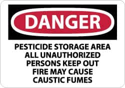 NMC - "Danger - Pesticide Storage Area - All Unauthorized Persons Keep Out - Fire May Cause Caustic Fumes", 10" Long x 14" Wide, Pressure-Sensitive Vinyl Safety Sign - Rectangle, 0.004" Thick, Use for Security & Admittance - Americas Industrial Supply