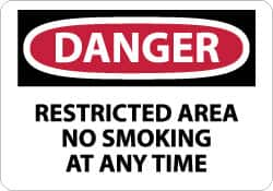 NMC - "Danger - Restricted Area - No Smoking at Any Time", 10" Long x 14" Wide, Rigid Plastic Safety Sign - Rectangle, 0.05" Thick, Use for Accident Prevention - Americas Industrial Supply