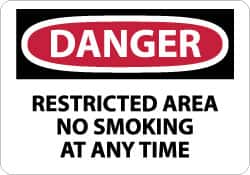 NMC - "Danger - Restricted Area - No Smoking at Any Time", 10" Long x 14" Wide, Pressure-Sensitive Vinyl Safety Sign - Rectangle, 0.004" Thick, Use for Accident Prevention - Americas Industrial Supply