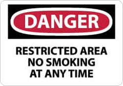 NMC - "Danger - Restricted Area - No Smoking at Any Time", 10" Long x 14" Wide, Pressure-Sensitive Vinyl Safety Sign - Rectangle, 0.004" Thick, Use for Accident Prevention - Americas Industrial Supply