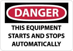 NMC - "Danger - This Equipment Starts and Stops Automatically", 10" Long x 14" Wide, Pressure-Sensitive Vinyl Safety Sign - Rectangle, 0.004" Thick, Use for Accident Prevention - Americas Industrial Supply