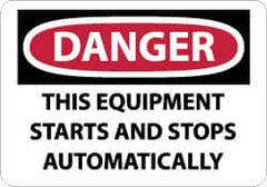 NMC - "Danger - This Equipment Starts and Stops Automatically", 10" Long x 14" Wide, Pressure-Sensitive Vinyl Safety Sign - Rectangle, 0.004" Thick, Use for Accident Prevention - Americas Industrial Supply