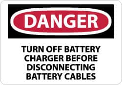 NMC - "Danger - Turn off Battery Charger Before Disconnecting Battery Cables", 10" Long x 14" Wide, Aluminum Safety Sign - Rectangle, 0.04" Thick, Use for Accident Prevention - Americas Industrial Supply