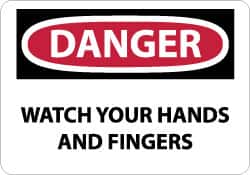 NMC - Accident Prevention Label, Header: DANGER - Legend: Danger - Watch Your Hands and Fingers, English, Red, Black & White, 5" Long x 3" High, Sign Muscle Finish - Americas Industrial Supply