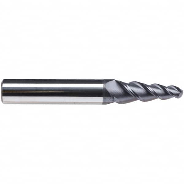 Emuge - 6° Taper Angle per Side, 3.8mm Small End Diam, 19mm LOC, Solid Carbide 3 Flute Tapered Ball End Mill - TiAlN Finish, 62mm OAL, 6mm Shank Diam, Spiral Flute, 45° Helix - Americas Industrial Supply