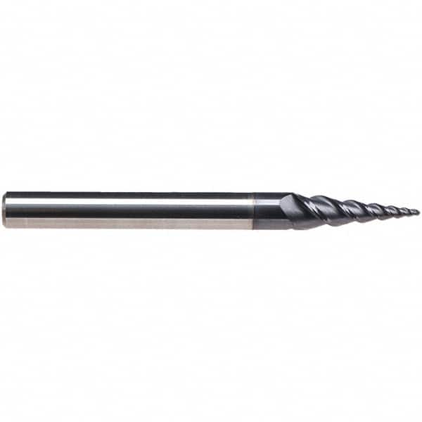 Emuge - 8° Taper Angle per Side, 3.85mm Small End Diam, 15mm LOC, Solid Carbide 3 Flute Tapered Ball End Mill - TiAlN Finish, 62mm OAL, 6mm Shank Diam, Spiral Flute, 45° Helix - Americas Industrial Supply