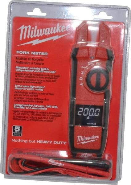 Milwaukee Tool - 2205-20, CAT IV, CAT III, Digital True RMS Clamp Meter with 0.63" Fork Jaws - 1000 VAC/VDC, 200 AC/DC Amps, Measures Voltage, Continuity, Current, Resistance - Americas Industrial Supply