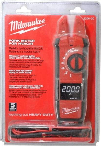 Milwaukee Tool - 2206-20, CAT IV, CAT III, Digital True RMS Clamp Meter with 0.63" Fork Jaws - 1000 VAC/VDC, 200 AC/DC Amps, Measures Voltage, Capacitance, Continuity, Current, Resistance, Temperature - Americas Industrial Supply