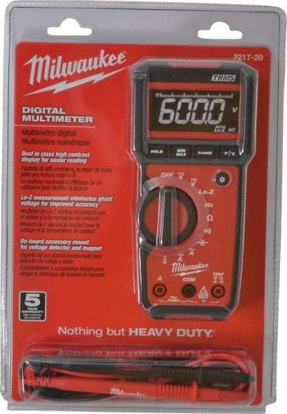 Milwaukee Tool - 2217-20, CAT III, 600 VAC/VDC, Digital True RMS Auto Ranging Multimeter - 40 mOhm, Measures Voltage, Capacitance, Current, Frequency, Resistance, Temperature - Americas Industrial Supply