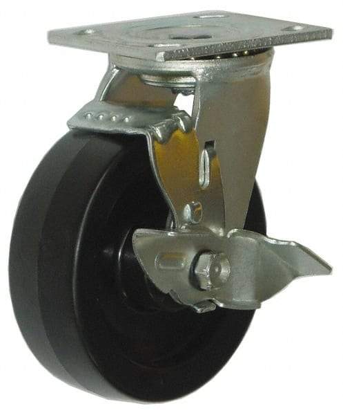 Value Collection - 5" Diam x 2" Wide x 6-1/2" OAH Top Plate Mount Swivel Caster with Brake - Phenolic, 1,000 Lb Capacity, Roller Bearing, 4 x 4-1/2" Plate - Americas Industrial Supply