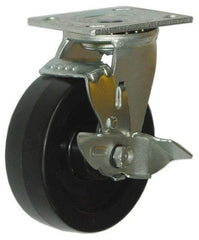 Value Collection - 5" Diam x 2" Wide x 6-1/2" OAH Top Plate Mount Swivel Caster with Brake - Phenolic, 1,000 Lb Capacity, Roller Bearing, 4 x 4-1/2" Plate - Americas Industrial Supply