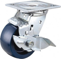 Value Collection - 4" Diam x 2" Wide x 5-5/8" OAH Top Plate Mount Swivel Caster with Brake - Polyurethane, 600 Lb Capacity, Roller Bearing, 4 x 4-1/2" Plate - Americas Industrial Supply