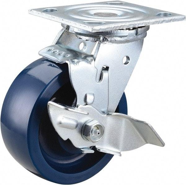 Value Collection - 5" Diam x 2" Wide x 6-1/2" OAH Top Plate Mount Swivel Caster with Brake - Polyurethane, 650 Lb Capacity, Roller Bearing, 4 x 4-1/2" Plate - Americas Industrial Supply