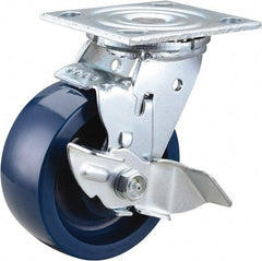 Value Collection - 5" Diam x 2" Wide x 6-1/2" OAH Top Plate Mount Swivel Caster with Brake - Polyurethane, 650 Lb Capacity, Roller Bearing, 4 x 4-1/2" Plate - Americas Industrial Supply