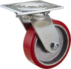 Value Collection - 5" Diam x 1-1/2" Wide x 6-1/2" OAH Top Plate Mount Swivel Caster - Polyurethane, 720 Lb Capacity, Roller Bearing, 4 x 4-1/2" Plate - Americas Industrial Supply