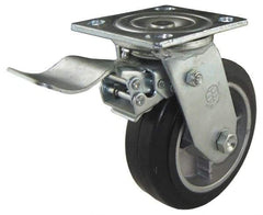Value Collection - 5" Diam x 2" Wide x 6-1/2" OAH Top Plate Mount Swivel Caster with Brake - Soft Rubber, 450 Lb Capacity, Roller Bearing, 4 x 4-1/2" Plate - Americas Industrial Supply