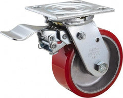 Value Collection - 5" Diam x 2" Wide x 6-1/2" OAH Top Plate Mount Swivel Caster with Brake - Polyurethane, 1,250 Lb Capacity, Roller Bearing, 4 x 4-1/2" Plate - Americas Industrial Supply