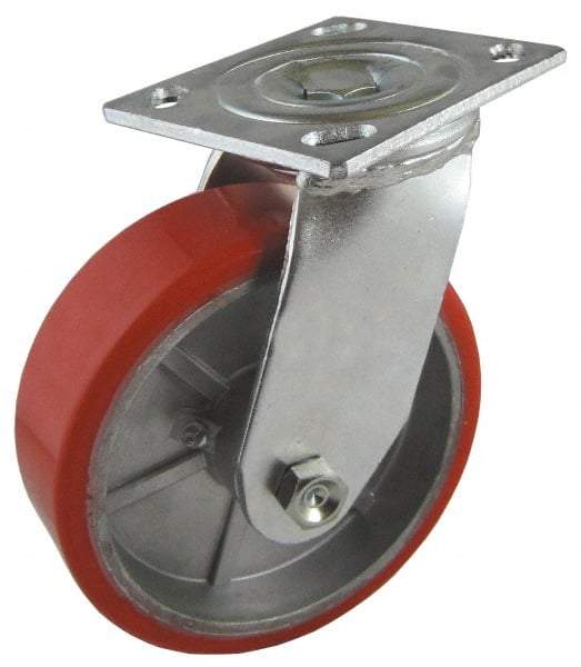 Value Collection - 5" Diam x 2" Wide x 6-1/2" OAH Top Plate Mount Swivel Caster - Polyurethane, 1,250 Lb Capacity, Roller Bearing, 4 x 4-1/2" Plate - Americas Industrial Supply