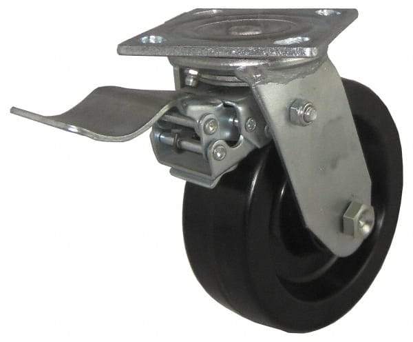 Value Collection - 5" Diam x 2" Wide x 6-1/2" OAH Top Plate Mount Swivel Caster with Brake - Phenolic, 1,100 Lb Capacity, Roller Bearing, 4 x 4-1/2" Plate - Americas Industrial Supply