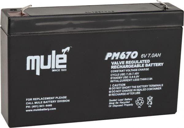 Mule - Lead-Acid, Quick-Disconnect Tab Terminal, 6 Volt, 7 Amp, Lead Rechargeable Battery - 3/16" Tab Width x 0.032" Tab Thickness, 1.34" Wide x 3.7" High x 5.95" Deep - Americas Industrial Supply