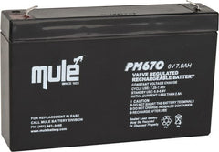 Mule - Lead-Acid, Quick-Disconnect Tab Terminal, 6 Volt, 7 Amp, Lead Rechargeable Battery - 3/16" Tab Width x 0.032" Tab Thickness, 1.34" Wide x 3.7" High x 5.95" Deep - Americas Industrial Supply