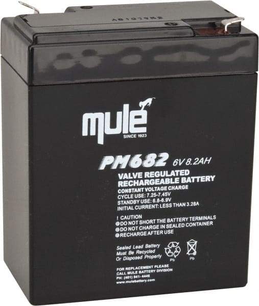 Mule - Lead-Acid, Quick-Disconnect Tab Terminal, 6 Volt, 8 Amp, Lead Rechargeable Battery - 6.35mm Tab Width x 0.8mm Tab Thickness, 2.2" Wide x 4.61" High x 3.86" Deep - Americas Industrial Supply