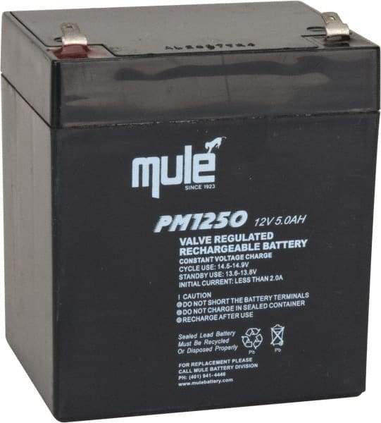 Mule - Lead-Acid, Quick-Disconnect Tab Terminal, 12 Volt, 5 Amp, Lead Rechargeable Battery - 4.8mm Tab Width x 0.8mm Tab Thickness, 2.76" Wide x 4.21" High x 3.54" Deep - Americas Industrial Supply
