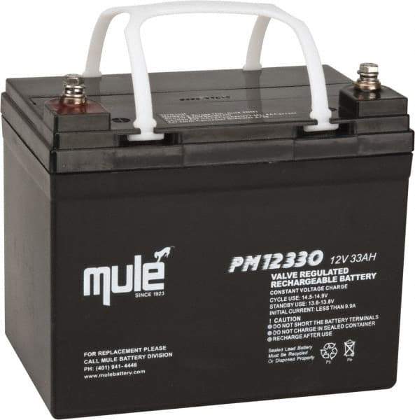 Mule - Lead-Acid, Nut/Bolt Terminal, 12 Volt, 33 Amp, Lead Rechargeable Battery - 6mm Hole Diam, 5.12" Wide x 6.61" High x 7.68" Deep - Americas Industrial Supply