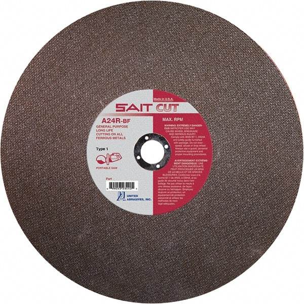 Sait - 12" 24 Grit Aluminum Oxide Cutoff Wheel - 1/8" Thick, 20mm Arbor, 6,300 Max RPM, Use with Portable Tools - Americas Industrial Supply