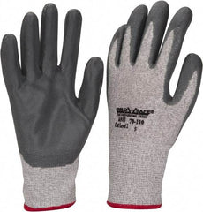 PRO-SAFE - Size S (7), ANSI Cut Lvl A2, Puncture Lvl 3, Abrasion Lvl 4, Nitrile Coated HPPE Fiber Cut Resistant Gloves - 9" Long, Palm & Fingers Coated, HPPE Fiber Lining, Knit Wrist, Black and Gray w/ Gray Coating, Paired - Americas Industrial Supply
