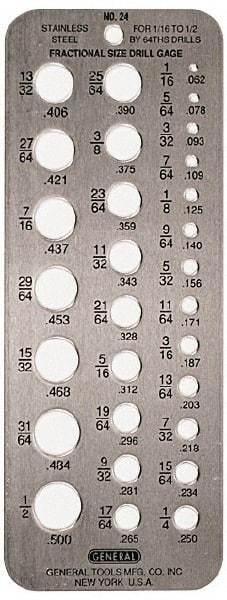 General - 1/16 Inch to 1/2 Inch Hole Size Drill Gage - 6-1/2 Inch Long, 2-1/2 Inch Wide, 29 Holes - Americas Industrial Supply