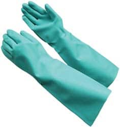 PRO-SAFE - Size M (8), 17" Long, 22 mil Thick, Nitrile Chemical Resistant Gloves - Textured Finish, Straight Cuff, ANSI Abrasion Level 4, ANSI Cut Level 0, ANSI Puncture Level 2, Green, FDA Approved - Americas Industrial Supply