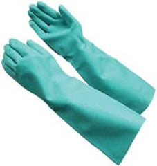 PRO-SAFE - Size L (9), 17" Long, 22 mil Thick, Nitrile Chemical Resistant Gloves - Textured Finish, Straight Cuff, ANSI Abrasion Level 4, ANSI Cut Level 0, ANSI Puncture Level 2, Green, FDA Approved - Americas Industrial Supply