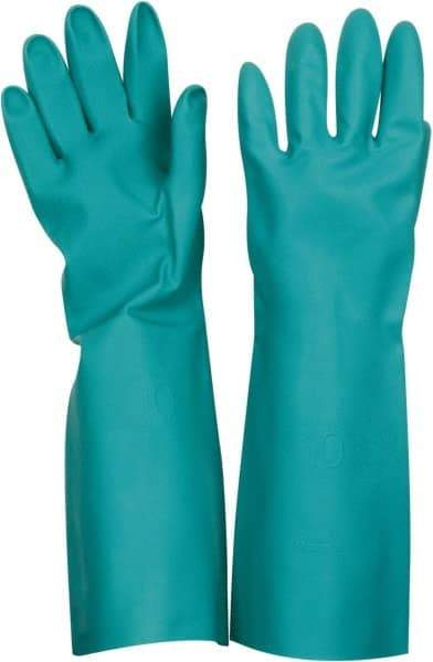 PRO-SAFE - Size XL (10), 17" Long, 22 mil Thick, Nitrile Chemical Resistant Gloves - Textured Finish, Straight Cuff, ANSI Abrasion Level 4, ANSI Cut Level 0, ANSI Puncture Level 2, Green, FDA Approved - Americas Industrial Supply