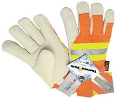 MCR Safety - Size L (9) Grain Pigskin General Protection Work Gloves - For Work & Driver, Uncoated, Knit Wrist Cuff, Full Fingered, Cream/Yellow/Red/Orange, Paired - Americas Industrial Supply