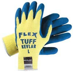 MCR Safety - Size M (8), Latex Coated Cut Resistant Gloves - 11" Long, Palm & Fingers Coated, Kevlar Lining, Knit Wrist, Yellow/Blue, Paired - Americas Industrial Supply