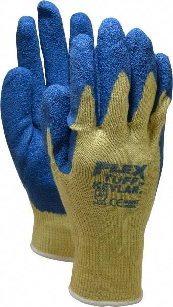 MCR Safety - Size L (9), Latex Coated Cut Resistant Gloves - 11" Long, Palm & Fingers Coated, Kevlar Lining, Knit Wrist, Yellow/Blue, Paired - Americas Industrial Supply