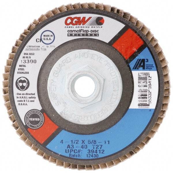 Camel Grinding Wheels - 24 Grit, 7" Disc Diam, 7/8" Center Hole, Type 29 Aluminum Oxide Flap Disc - 8,600 Max RPM, Polyester Backing, Arbor Attaching System, Coated - Americas Industrial Supply