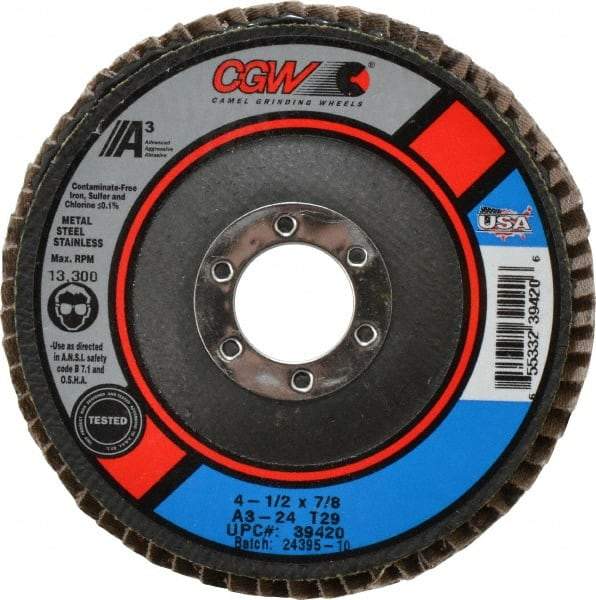 Camel Grinding Wheels - 24 Grit, 4-1/2" Disc Diam, 7/8" Center Hole, Type 29 Aluminum Oxide Flap Disc - 13,300 Max RPM, Polyester Backing, Arbor Attaching System, Coated - Americas Industrial Supply