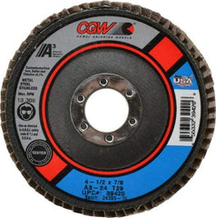 Camel Grinding Wheels - 24 Grit, 4-1/2" Disc Diam, 7/8" Center Hole, Type 29 Aluminum Oxide Flap Disc - 13,300 Max RPM, Polyester Backing, Arbor Attaching System, Coated - Americas Industrial Supply