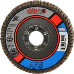 Camel Grinding Wheels - 36 Grit, 4-1/2" Disc Diam, 7/8" Center Hole, Type 29 Aluminum Oxide Flap Disc - 13,300 Max RPM, Polyester Backing, Arbor Attaching System, Coated - Americas Industrial Supply