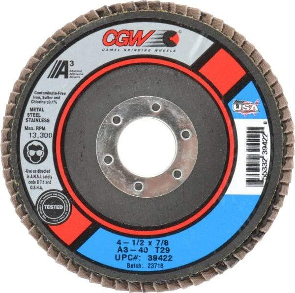 Camel Grinding Wheels - 40 Grit, 4-1/2" Disc Diam, 7/8" Center Hole, Type 29 Aluminum Oxide Flap Disc - 13,300 Max RPM, Polyester Backing, Arbor Attaching System, Coated - Americas Industrial Supply
