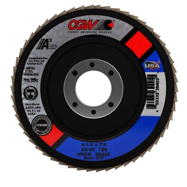 Camel Grinding Wheels - 80 Grit, 4-1/2" Disc Diam, 7/8" Center Hole, Type 29 Aluminum Oxide Flap Disc - 13,300 Max RPM, Polyester Backing, Arbor Attaching System, Coated - Americas Industrial Supply