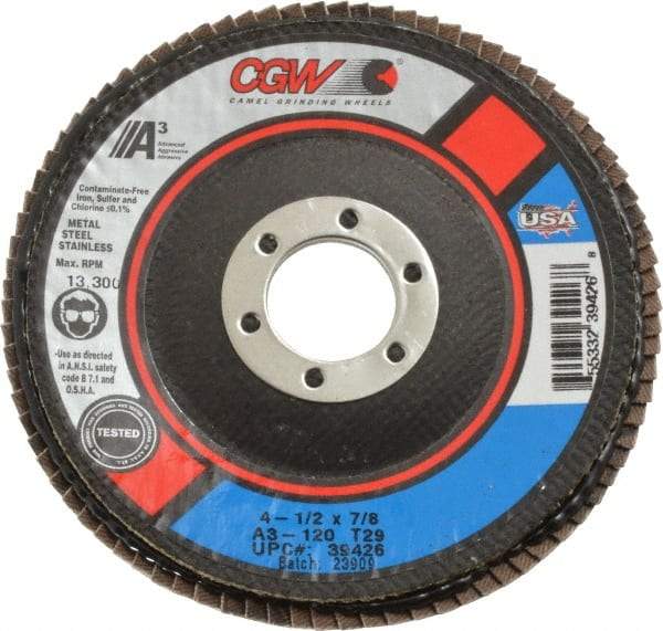 Camel Grinding Wheels - 120 Grit, 4-1/2" Disc Diam, 7/8" Center Hole, Type 29 Aluminum Oxide Flap Disc - 13,300 Max RPM, Polyester Backing, Arbor Attaching System, Coated - Americas Industrial Supply
